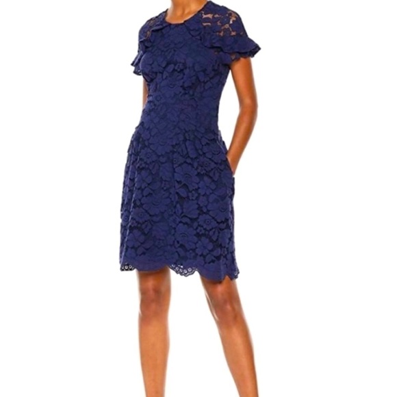 Vince Camuto Dresses & Skirts - Vince Camuto Womens Round Neck Lace Cap Sleeves A-Line Midi Dress Navy Blue Sz 6